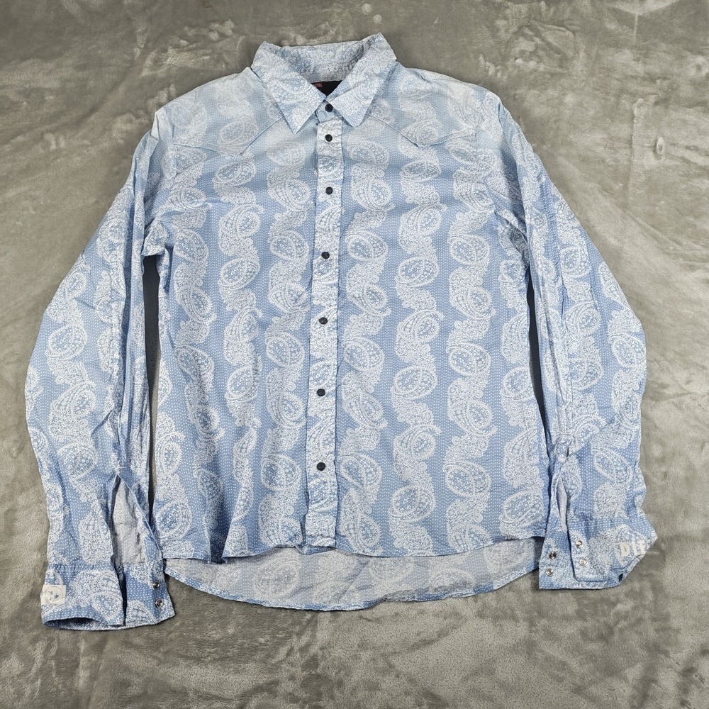 Diesel Shirt Mens Large Blue‎ Western Bandana Paisley Pearl Snap Seabreeze Faded